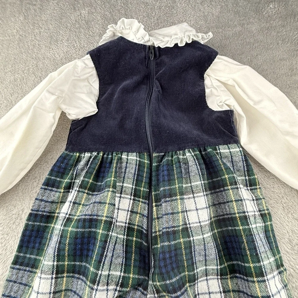 Muffling Holiday Plaid Romper 2T Blue Green Toddler USA Made Ruffles 80s Vintage